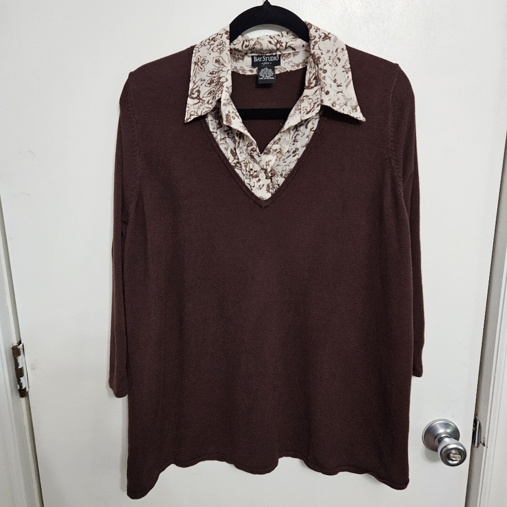 Bay Studio Womens Plus 1X Brown Floral Collared Sweater Blouse Layered Look Fall